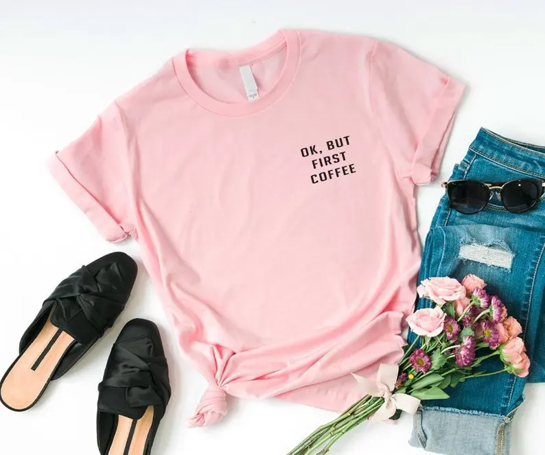Футболка Skuggnas ОК но сначала кофе lover Pocket Забавные футболки Instagram Tumblr женская