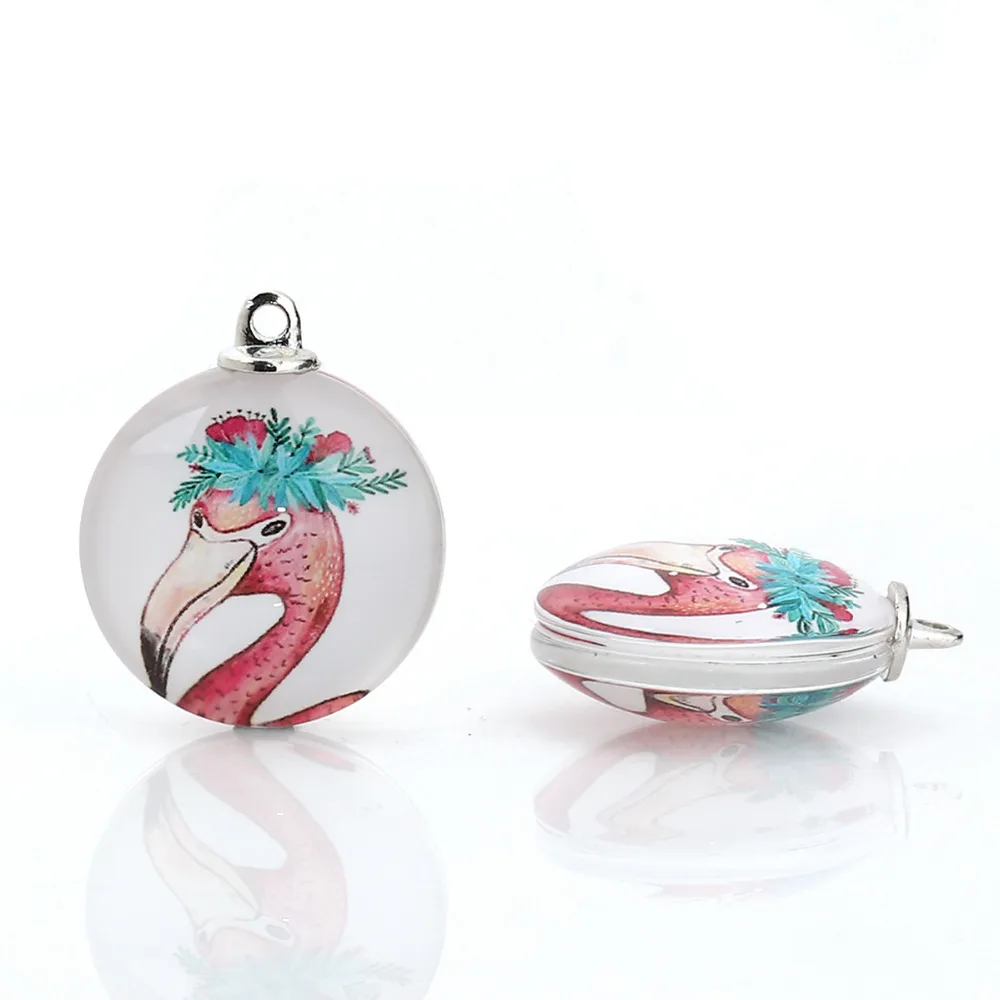 Стеклянные Подвески DoreenBeads круглые ювелирные аксессуары с рисунком фламинго 30 мм