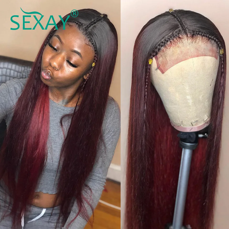 

SEXAY 4x4 Lace Closure Wig 1B/99J Burgundy Ombre Human Hair Wigs For Women 150D Density Peruvian Human Hair Straight Closure Wig