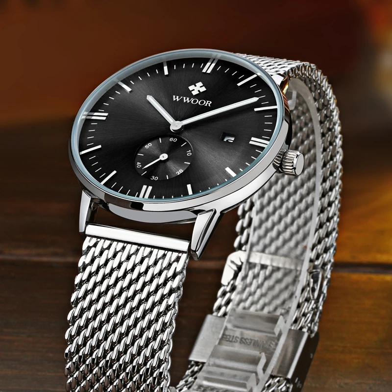 WWOOR кварцевые наручные часы мужские стальные Авто Дата Серебряный ремешок