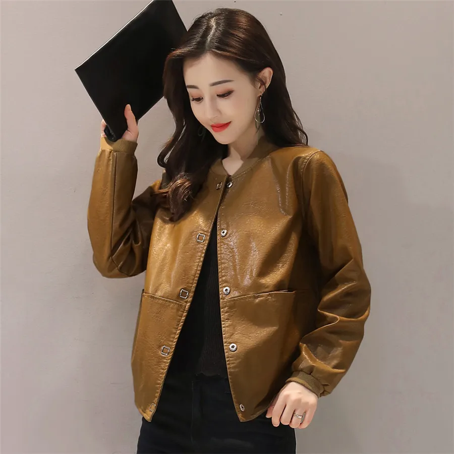 DANCING WINGS Korean style loose stand collar women's pu leather jacket motorcycle