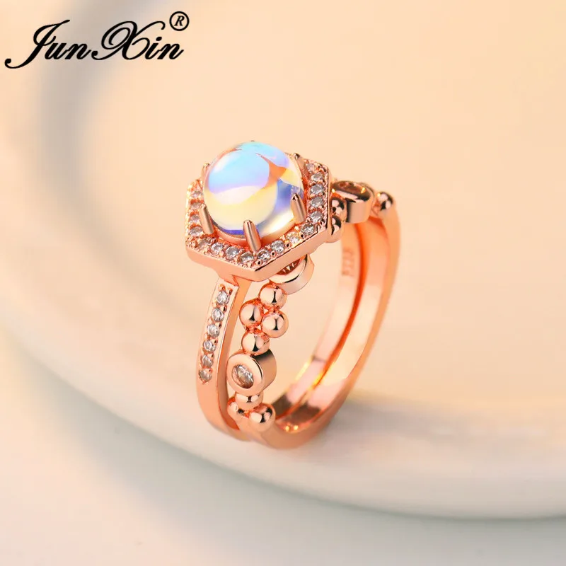 Rose Gold Ring Set JUNXIN Boho женский шестигранник прозрачный лунный камень кольцо наборы для женщин розовое золото заполненный белый кристалл Помолвочные парные ювелирные кольца CZ - Цвет основного камня: Rose Gold Ring Set