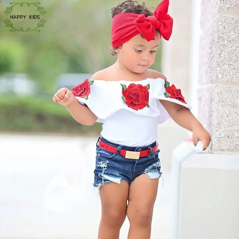 Детская одежда на лето 2020 костюм для девочек с рукавами бабочками и розами +