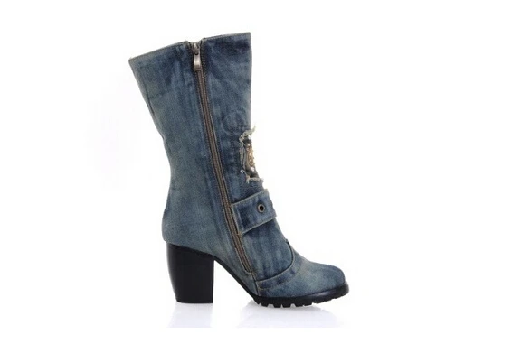 Женские джинсовые ботинки с аппликацией синие ковбойские острым носком