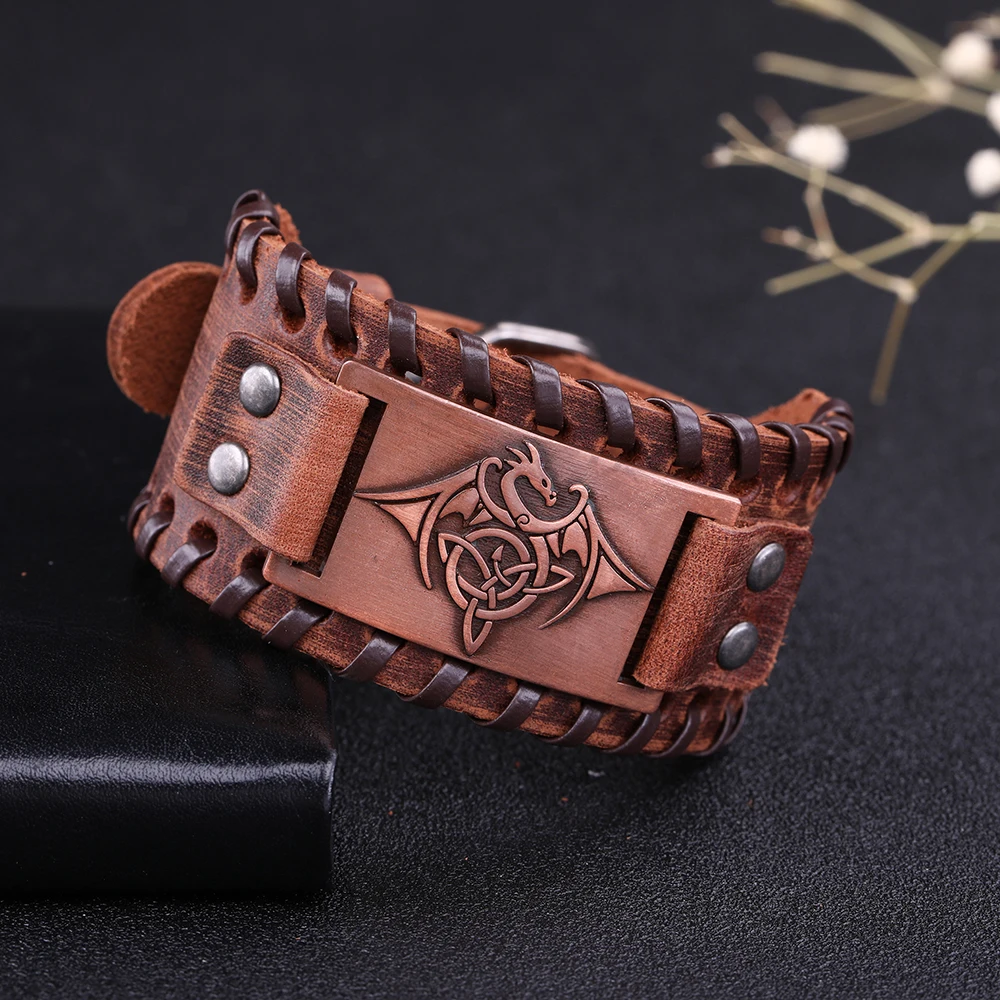 LIKGREAT винтажные браслеты Wicca Symbol Triqueta Pterosauria Dragon Charm для Мужчин Черная коричневая