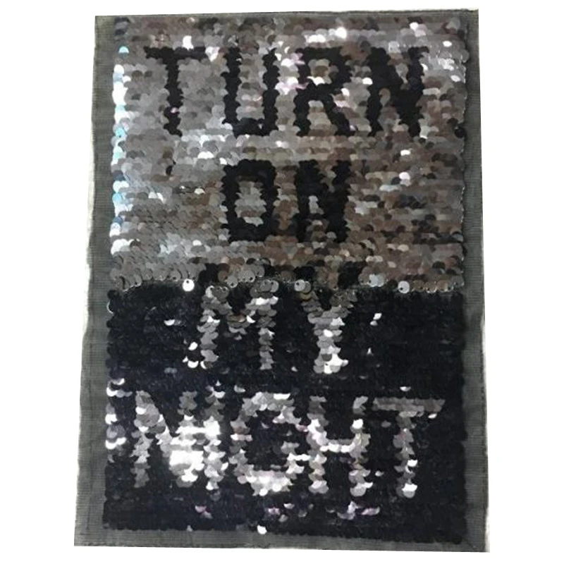 

Reversible change color sequins Patches for clothing T shirt Women 25cm TURN ON MY NIGHT flip the double sided T-shirt Patch