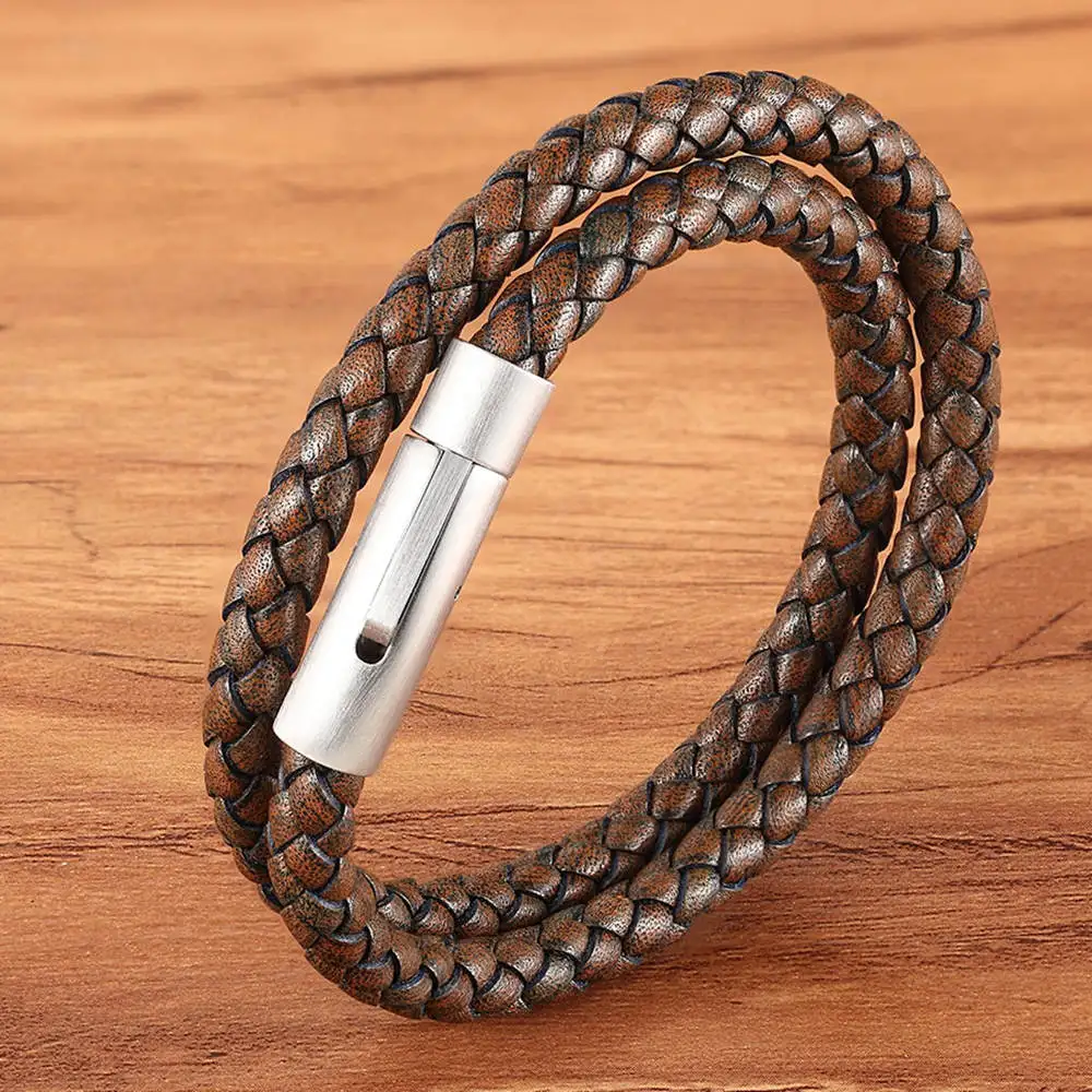 Brown with Steel Идеальный дизайн, двойной слой, винтажная стальная пряжка, Геометрическая оплетка, 6 мм, браслет из натуральной кожи для мужчин и женщин, модный подарок на день рождения - Окраска металла: Brown with Steel