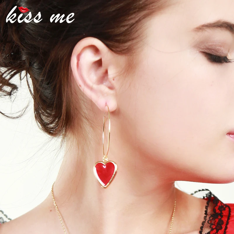 KISS ME Red /Black Enamel Lovely Heart Earrings for Women 2018 Chic Big Hoop Earrings Fashion Jewelry Brincos
