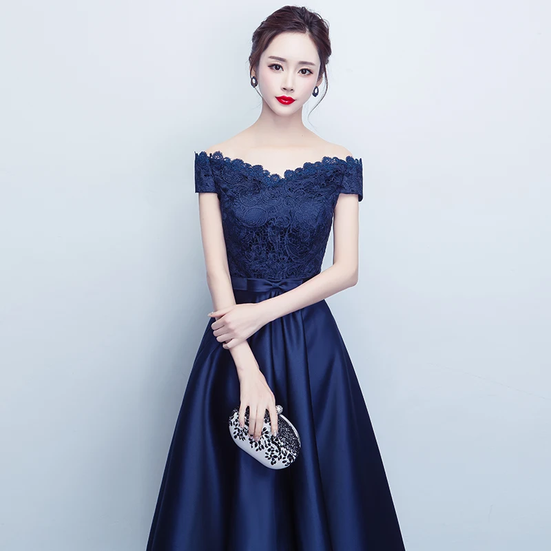 Темно синие платья длиной ниже колена искусственное кружево 2017 вечерние для