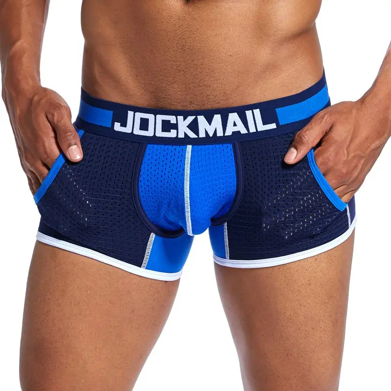 Jockсчmail, фирменное Мужское нижнее белье, боксеры, по бокам, сетчатые карманы, для геев, Cueca, боксеры, сексуальные, с полой сеткой, промежность, пенис, чашка, мужские трусы, шорты