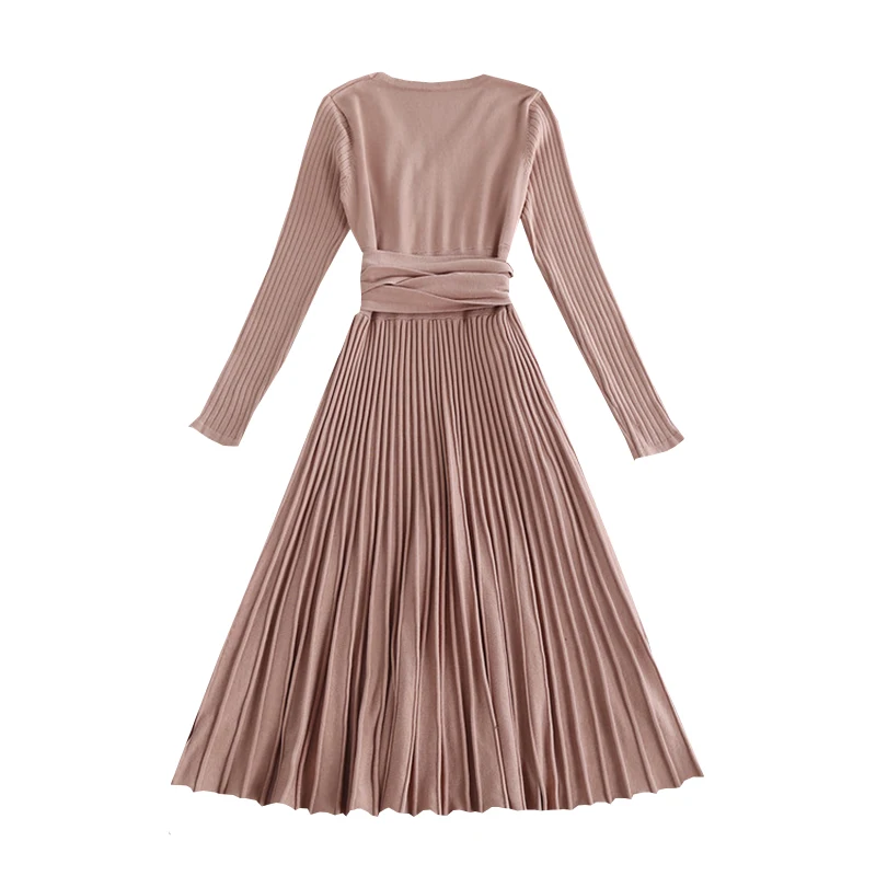 Женское трикотажное платье с V образным вырезом длинным рукавом|knitted dress|sweater