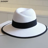 new arrival summer fashion m letter straw hat for women large brim m panama straw fedora womens travel beach hat sun hats
