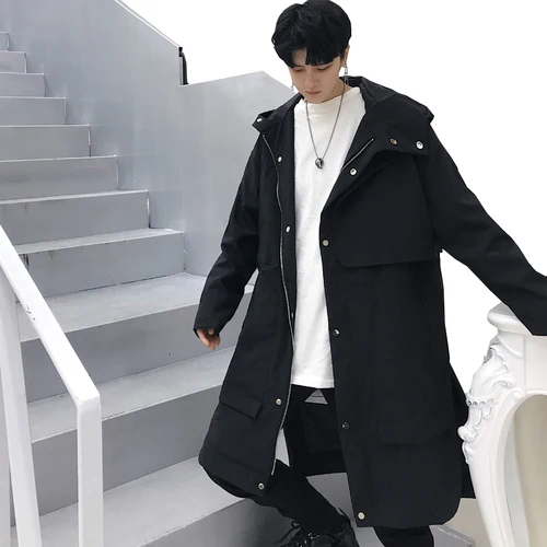 black Xiu Luo Свободный Повседневный длинный плащ с капюшоном мужской уличная хип хоп ветровка куртка панк готический плащ DY421 - Цвет: black