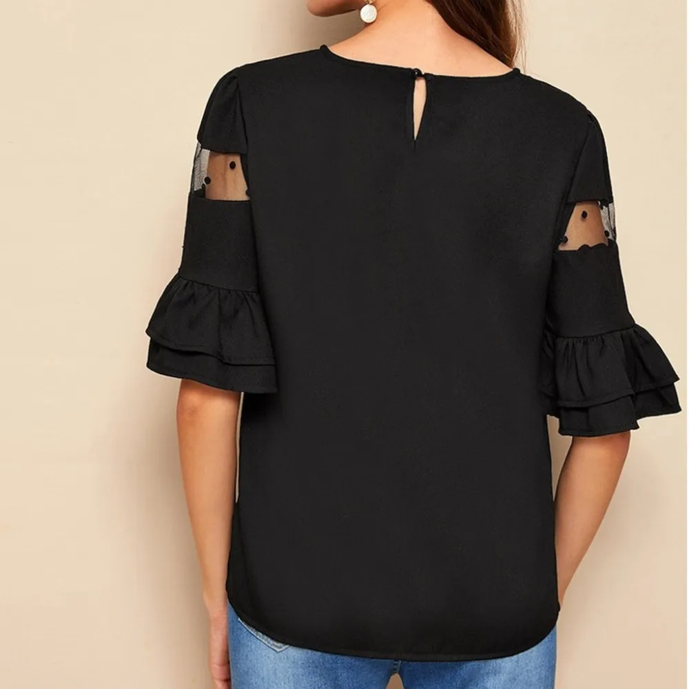 

Black Chiffon Blouse Women Summer O Neck Lace Patchwork Hollow Out Blouse Ruffles Half Sleeve Fashion Blouse Camiseta Mujer