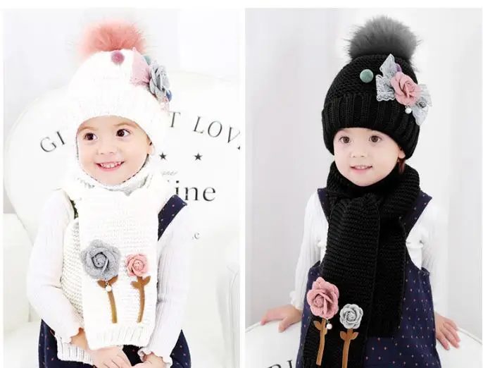 Doitbest/комплекты hailball beanies с цветочным принтом для детей от 3 до 8 лет, бархатные шерстяные вязаные меховые шапки для мальчиков, зимний комплект из 2 предметов, шарф и шапка для маленьких девочек