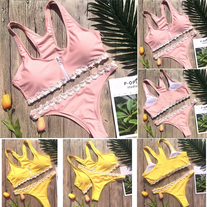 Летний женский комплект бикини с кружевным цветком 2018 сексуальный купальник пуш