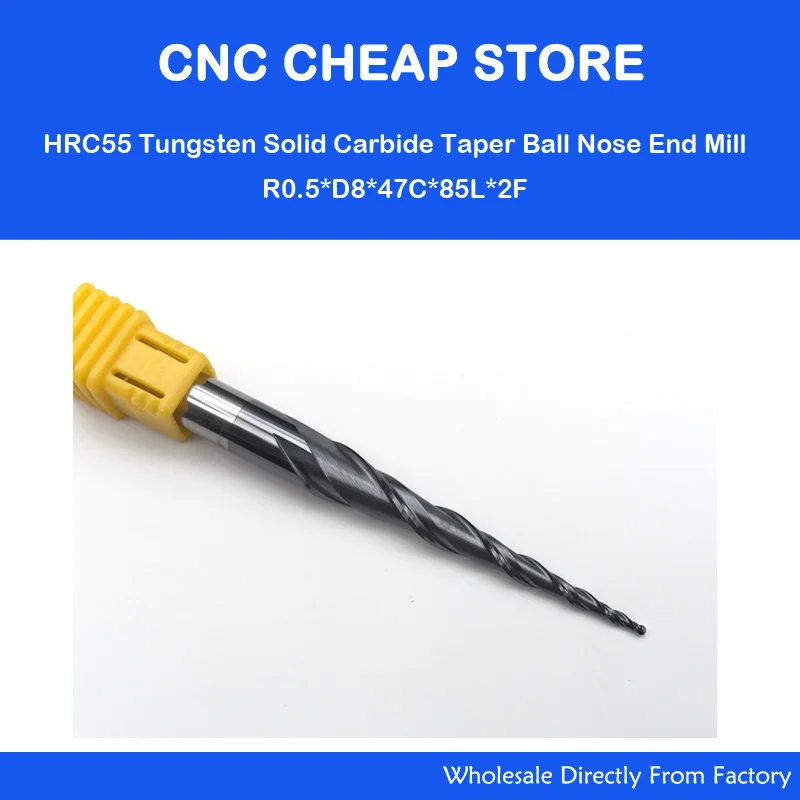 

1pc/lot HRC55 R0.5mm Tungsten solid carbide Coated Tapered Ball Nose CNC End Mills taper and cone endmills R0.5*D8*47*85L*2F