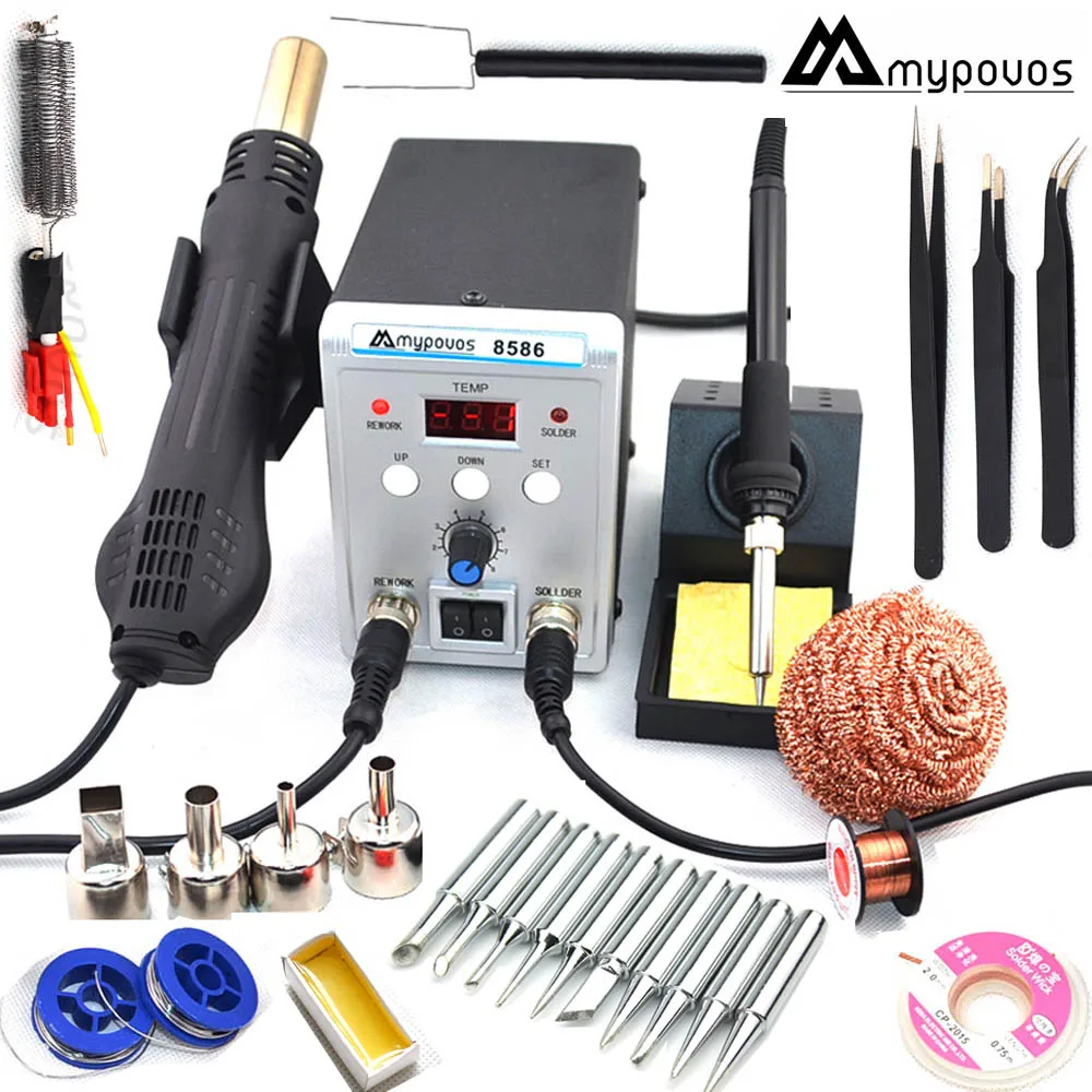MYPOVOS 750 Вт 2 в 1 SMD оборудование паяльная станция 8586 Тепловая пушка 220 В + паяльник