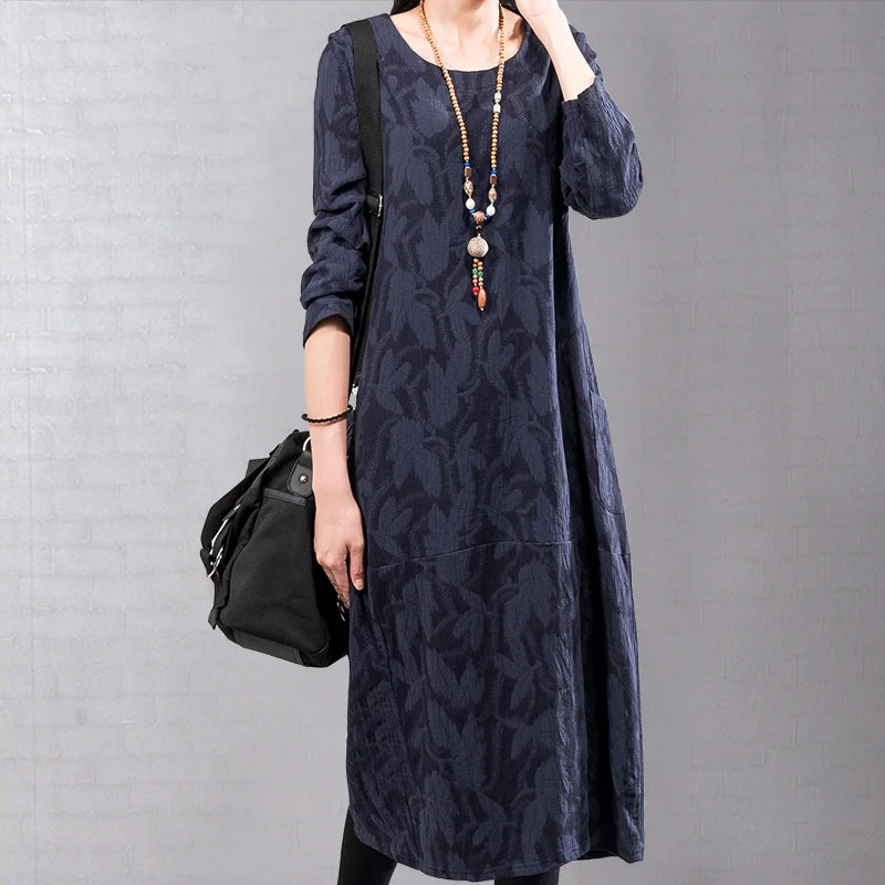 navy blue Новые весенние платья модные женские повседневные с длинными рукавами плюс размеры хлопковые льняные женские платья женские свободные миди свободные платья - Цвет: navy blue