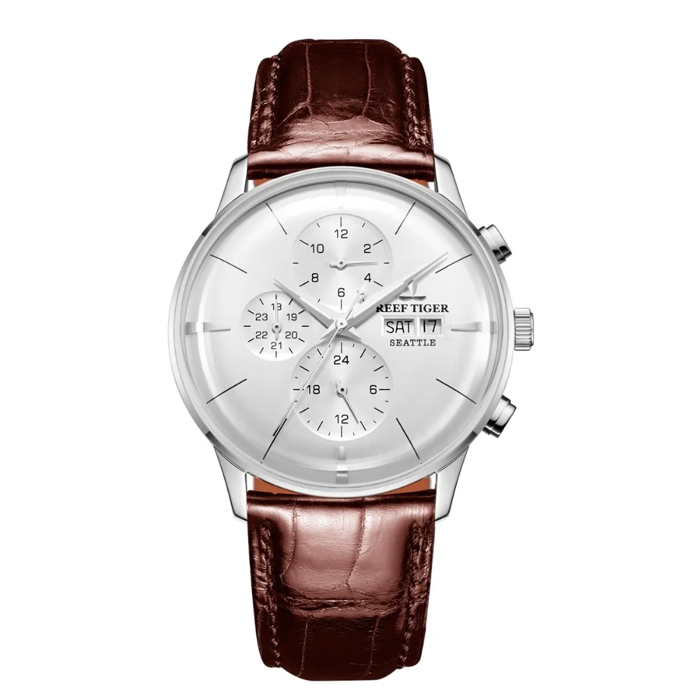 Reef Tiger Classic Serier RGA1699 мужские модные деловые часы с двойным календарем автоматические механические наручные часы-серебро