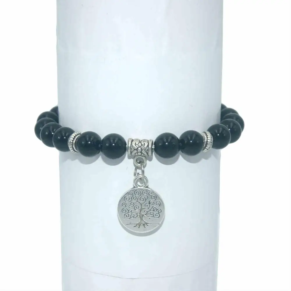 Black Agate Природный камень 8 мм Дерево жизни бусины лазурит тигровый глаз, Агаты мала бусины браслеты для женщин мужчин Йога браслет - Окраска металла: Black Agate