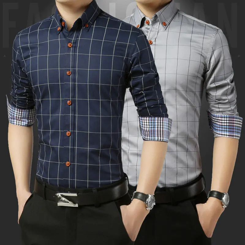100% Хлопок Плед Camisa Slim Fit Masculina Хаки Королевский Синий плюс Размер Человек Рубашки