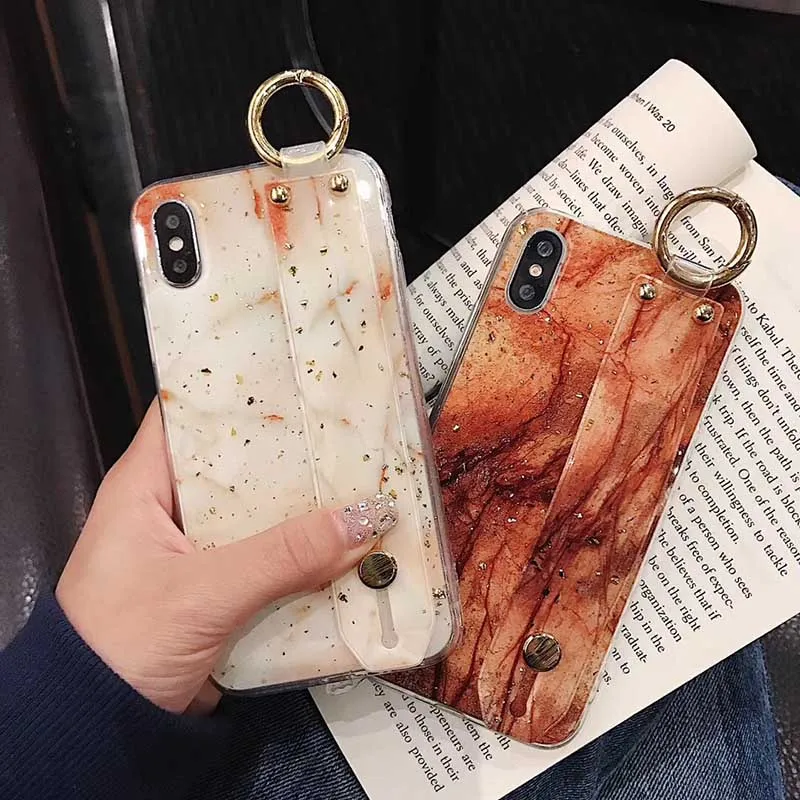 Блестящий чехол из золотой фольги и мрамора для iPhone X XS Max XR браслет с подставкой