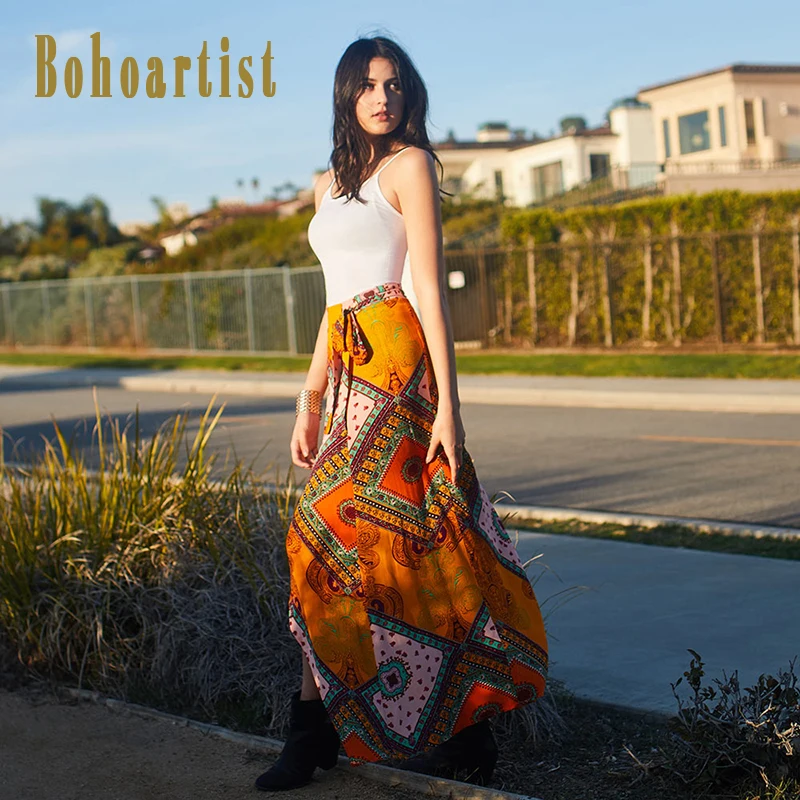 Женская длинная юбка Bohoartist белая/оранжевая ассиметричная с цветочным принтом