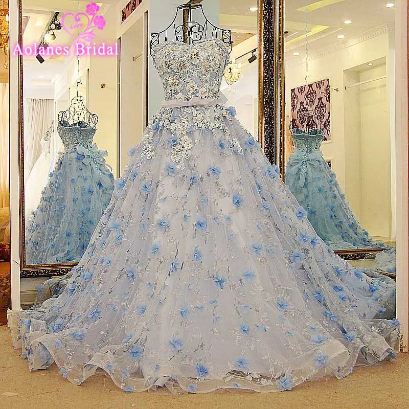 AOLANES вечернее платье голубое розовое новинка 2017 милое 3D цветы тюль вечерние