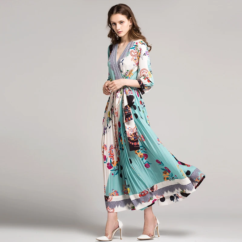 Женское винтажное платье с поясом V образным вырезом и рукавом 2018|maxi long dress|long