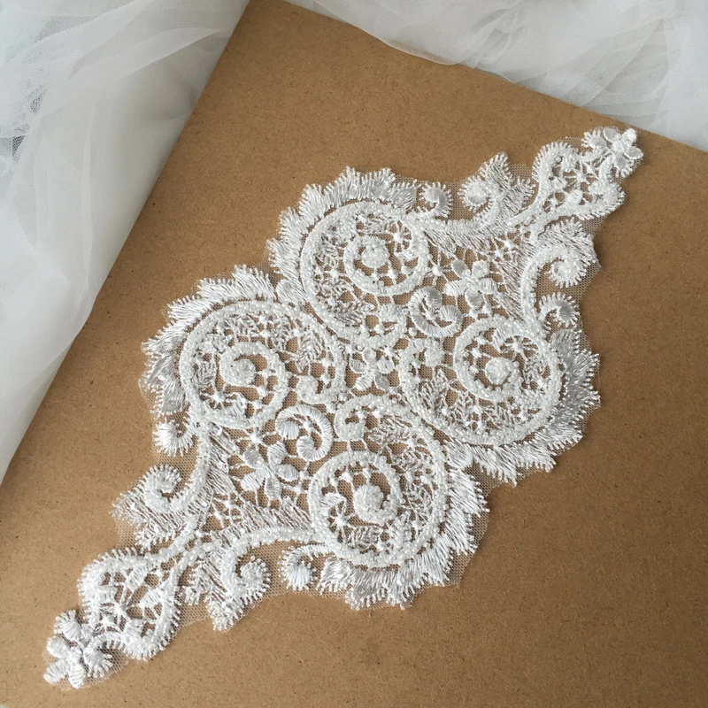 2PCS Handmade Beads 3D Wedding Dress Applique DIY Bridal Headdress Ivory White Lace Collar Fabric Patch RS1296 | Дом и сад