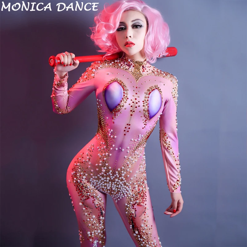 Sexy Pink Dj Jumpsuit Rhinestone Pearls Leggings Birthday Celebrate Diamond Outfit Evening Dance Female DJ Singer Dance Bodysuit