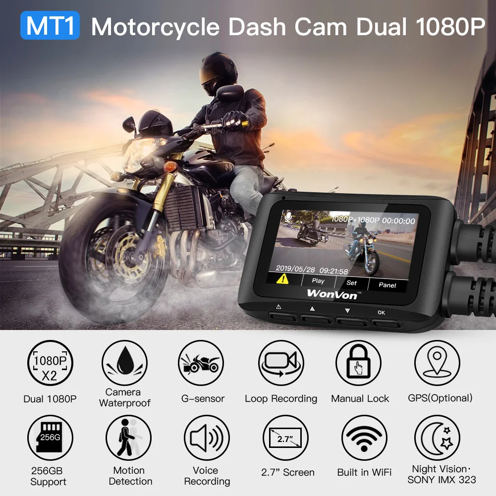 WONVON 2 7 ''ЖК дисплей MT1 Moto rcycle камера FHD 1080P WiFi видеорегистратор Двойной DVR rbike с GPS G