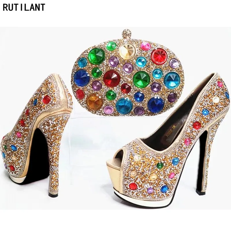 Последние Дизайн Итальянская обувь с Комплект сумочкой в тон со стразами