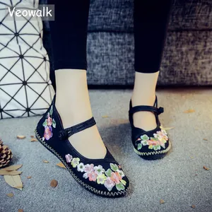 Veowalk мягкие резиновые женские балетки ручной работы из хлопчатобумажной ткани с вышивкой на плоской подошве винтажная Женская парусиновая удобная обувь для мам