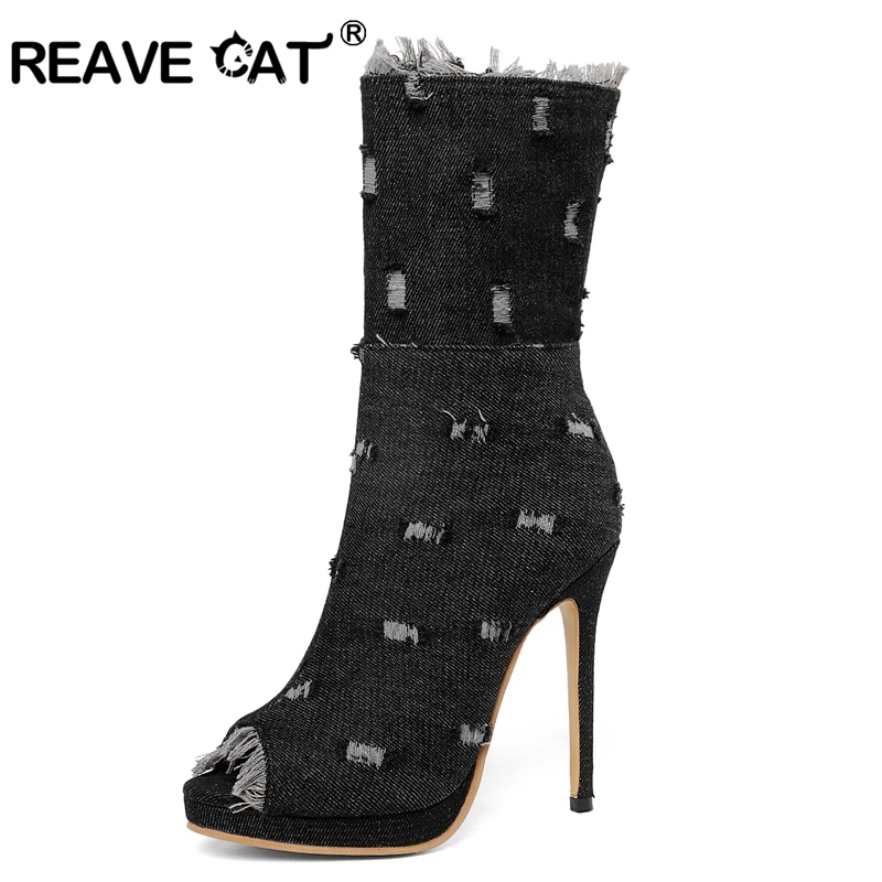 Женские джинсовые сапоги до колена REAVE CAT синие на тонком каблуке шпильке с