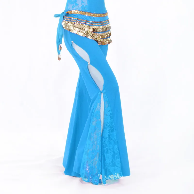 Turquoise Женские брюки для танца живота с разрезом по бокам, кружевные тренировочные брюки, хлопковые длинные расклешенные брюки для профессионального танца - Цвет: Turquoise