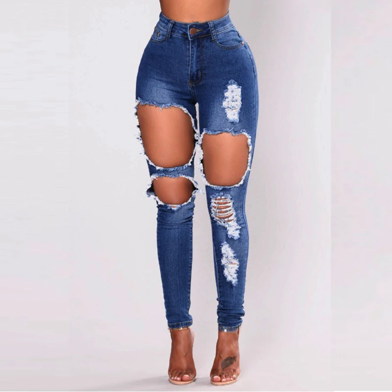 2018 длинные джинсы для женщин с высокой талией узкие синие джинсовые брюки рваные