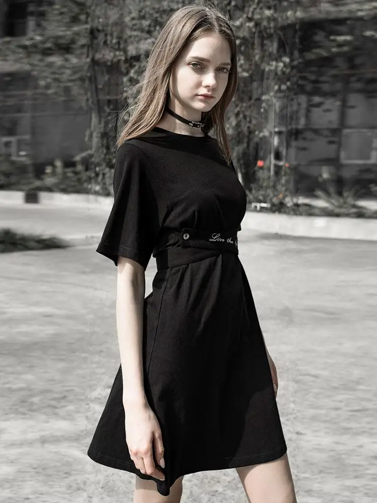Панк Rave women's Goth круглый воротник повседневное черное платье с поясом PQ-577LQ