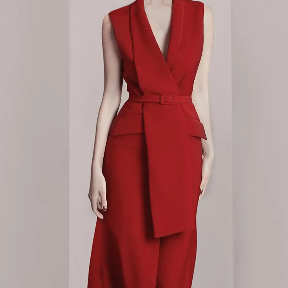 Женское винтажное платье блейзер OL красное без рукавов с v образным вырезом и