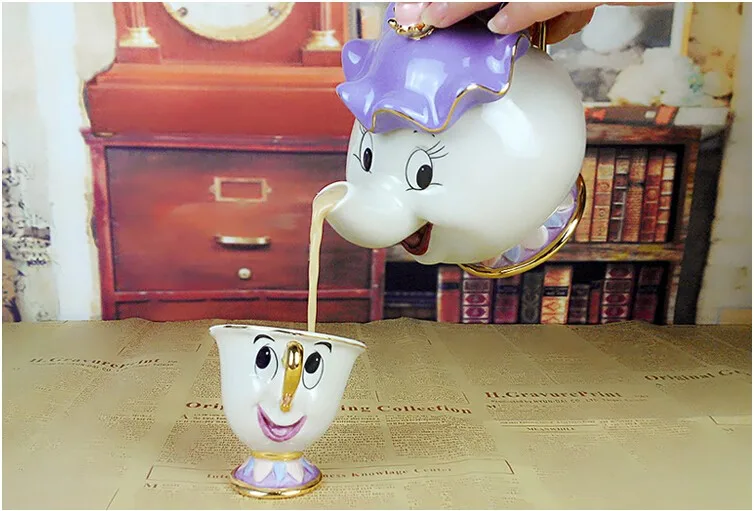 Cartoon Beauty And The Beast Teapot Mug Mrs Potts Chip Tea Pot Cup Set Porcelain Gift 18K Gold-plated Painted Enamel Ceramic New | Дом и сад