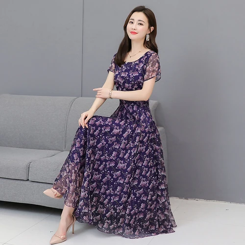 Фиолетовый Цветочные шифоновые Boho летние миди-платья винтажные 3XL плюс размер пляжный Макси-сарафан с принтом элегантные женские облегающие вечерние платья - Цвет: Фиолетовый