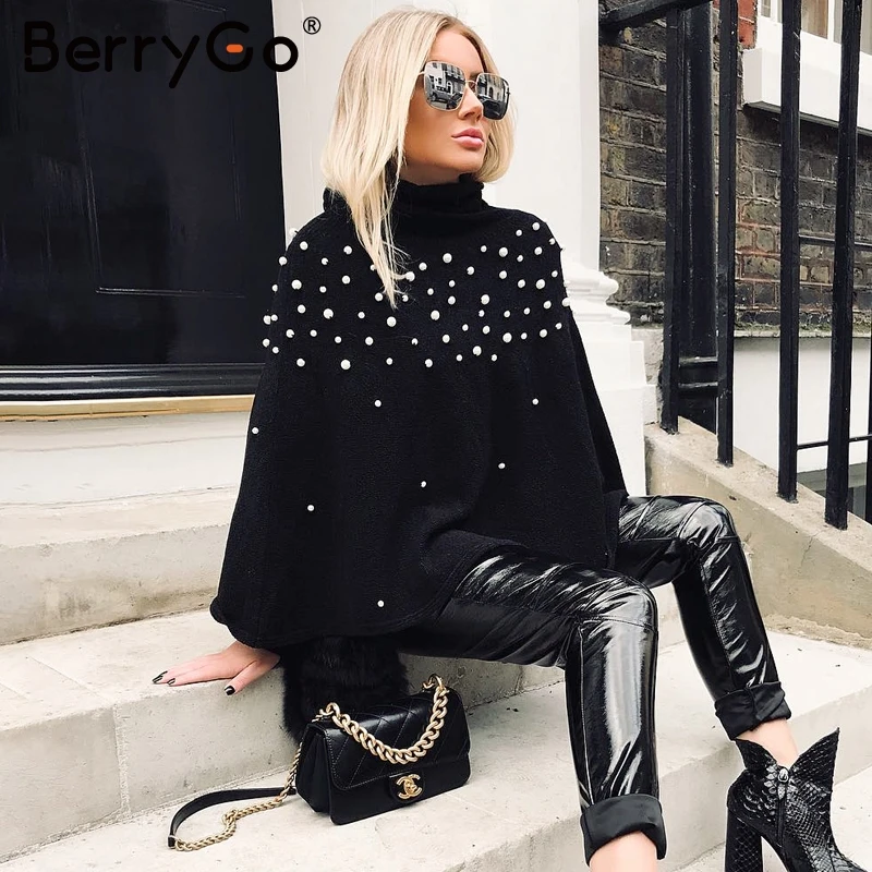 Женский вязаный свитер BerryGo элегантный жемчужный плащ-водолазка с бусинами