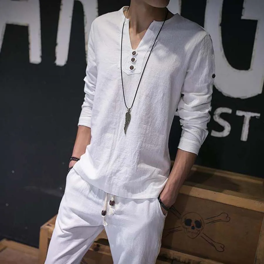 

Linen White Tshirt Men Casual T Shirt Long Sleeve V Neck Cotton Fashion Men Top Summer Solid Thin Clothes Plus Size M-5XL
