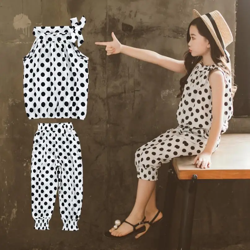 Комплект летней одежды для девочек рубашка без рукавов с бантом и принтом + штаны