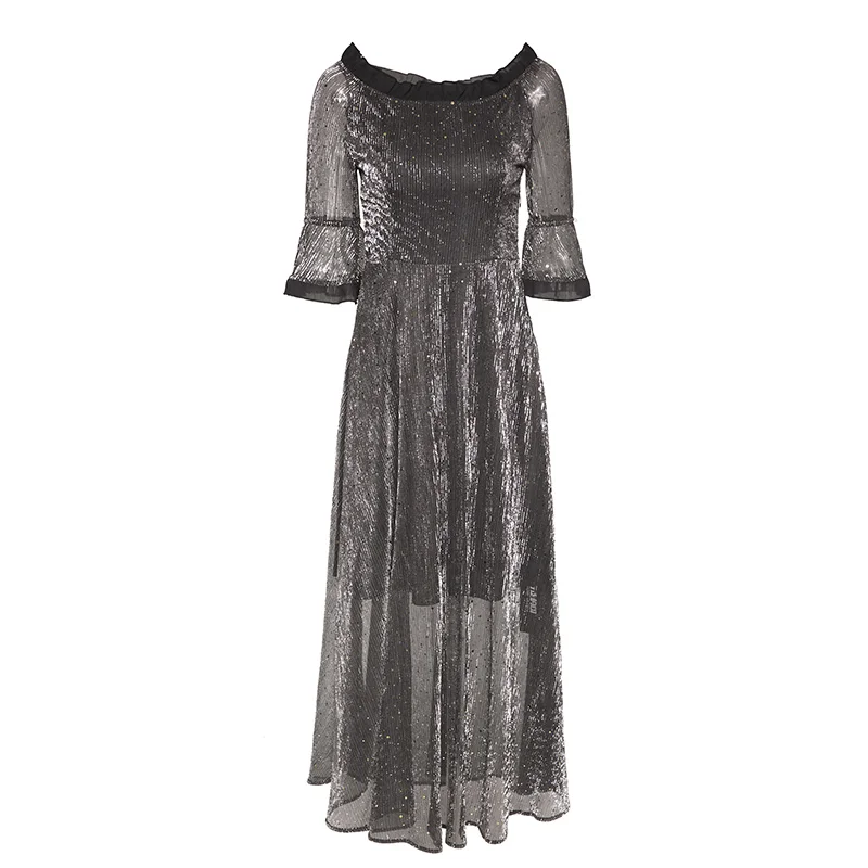 BLLOCUE Fashion Designer Runway Dress 2018 Summer Women's Half Sleeve Sequined Elegant Slash neck Party | Женская одежда