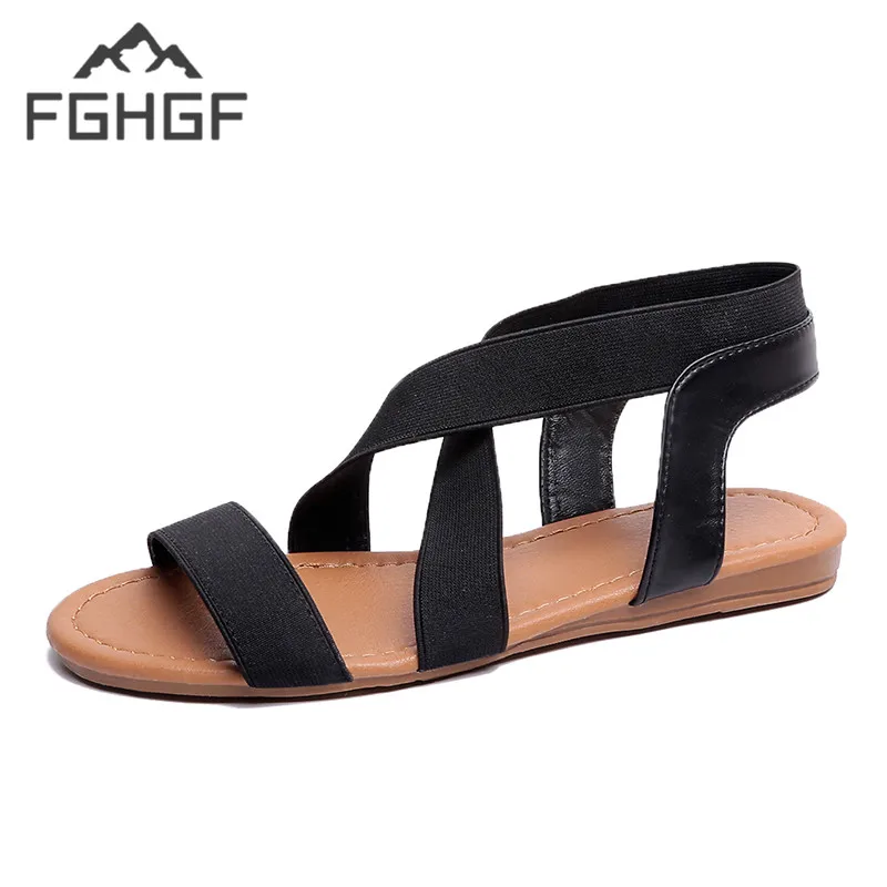 Женские босоножки из натуральной кожи на плоской подошве черные хит продаж лето