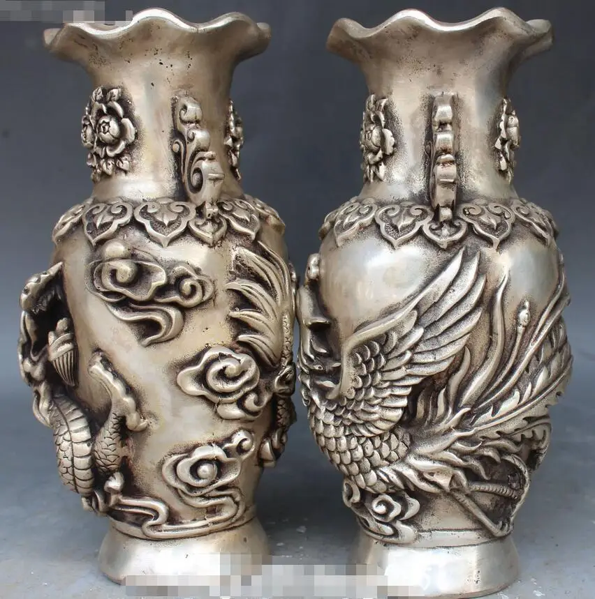 China Dragons Dragon Phoenix Fenghuang Flower Vase Bottle Jardiniere Pair | Дом и сад