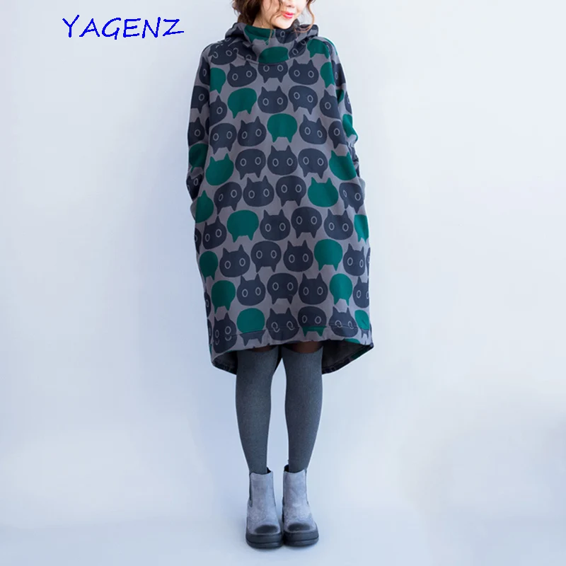 

Hoodies Dress Women Spring Autumn Dress 2020 New Printed Loose Long Sleeve Hooded Tunic Korean Woman Plus Size Warm Dress A12