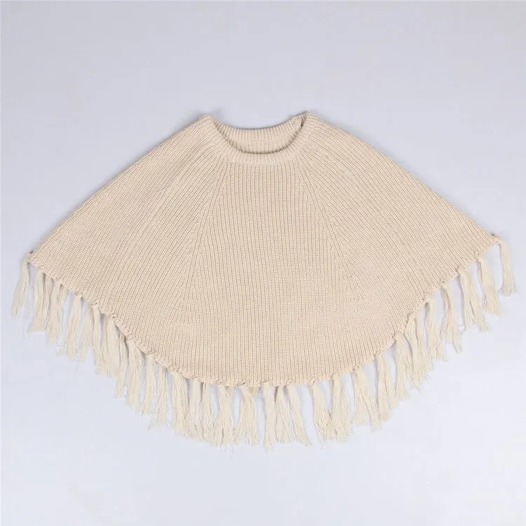 

Kids Girls Cute Crochet Tassels Sweater Capes Poncho Candy Beige Gray Color Sweet Children Fashion Spring Autumn Jackets